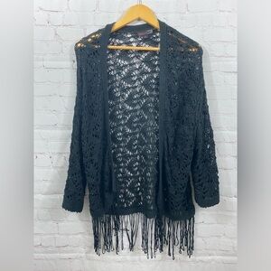 JW Style Cardigan Womens Size Medium Black Crocheted Knit Open Front Coverup